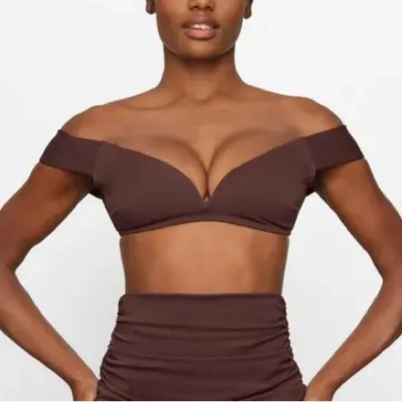 SKIMS Shaping Swim Off-the-shoulder Top sz.S Cocoa NWOT - Picture 1 of 7